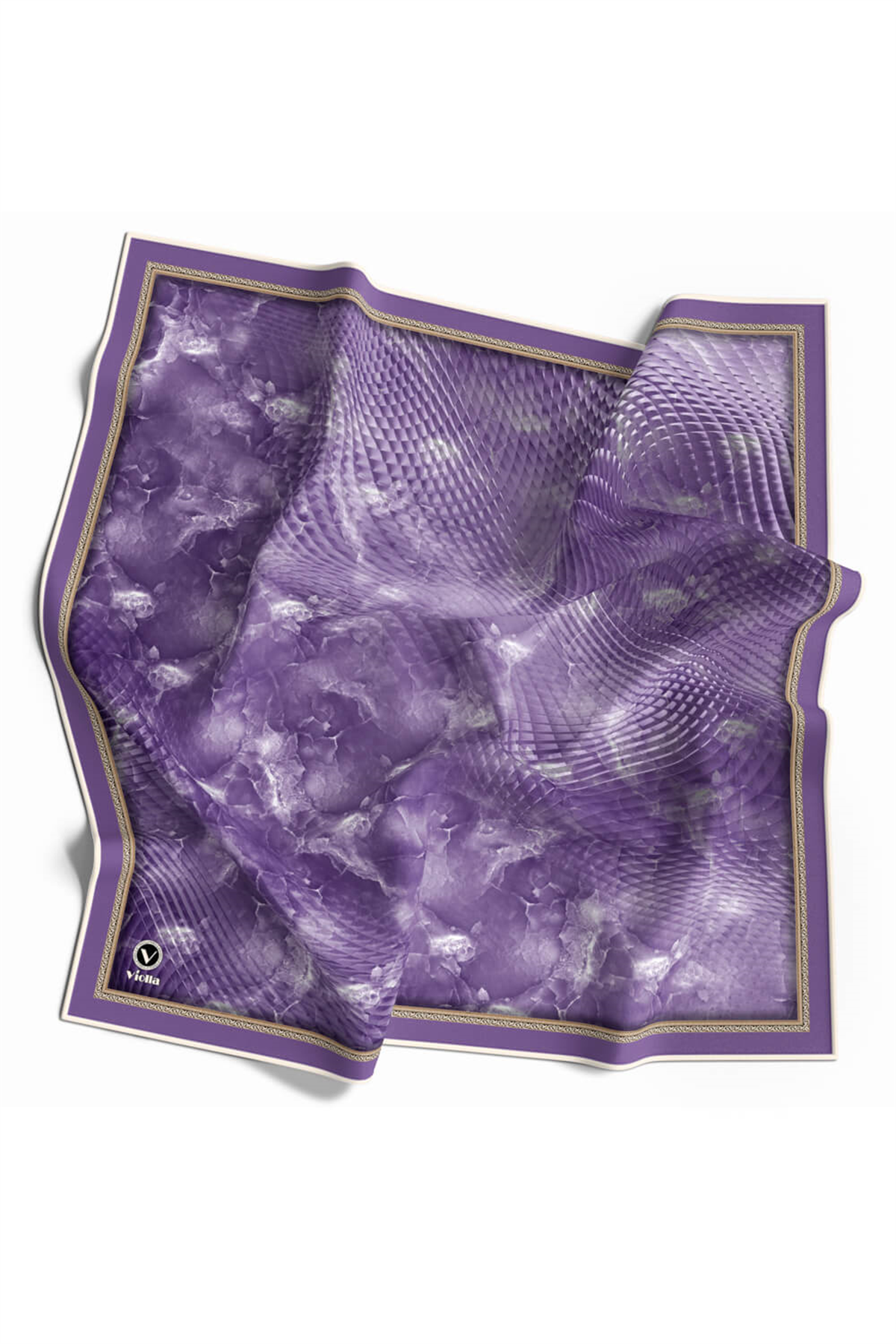 Twill Batik Desenli Mor Renkli 90x90 Eşarp (İpek İçermez) Kenar Dikiş Şekli El Dikişli