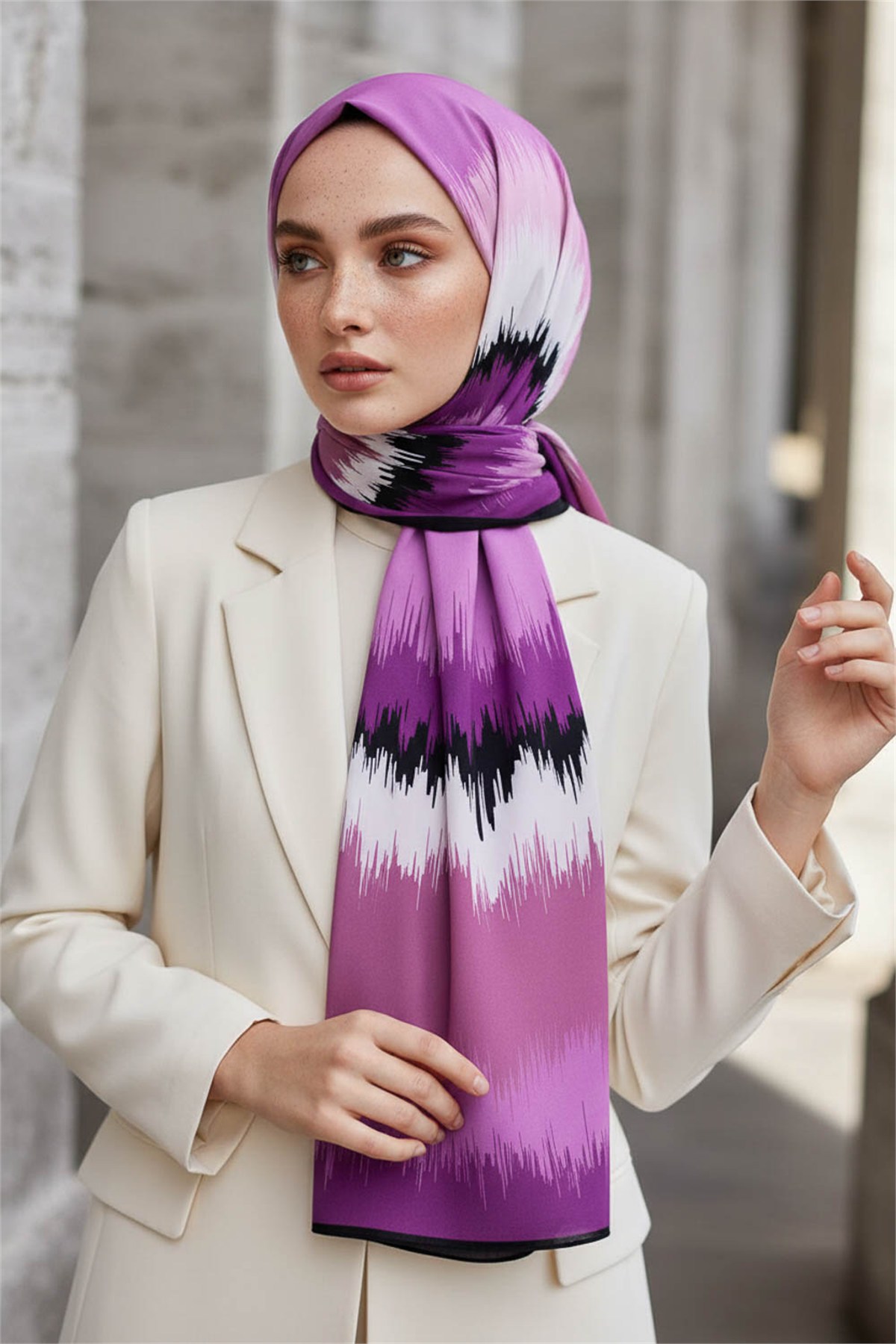 KREP FREKANS DESENLİ MOR RENKLİ 75X195 KIRIŞMAZ ŞAL