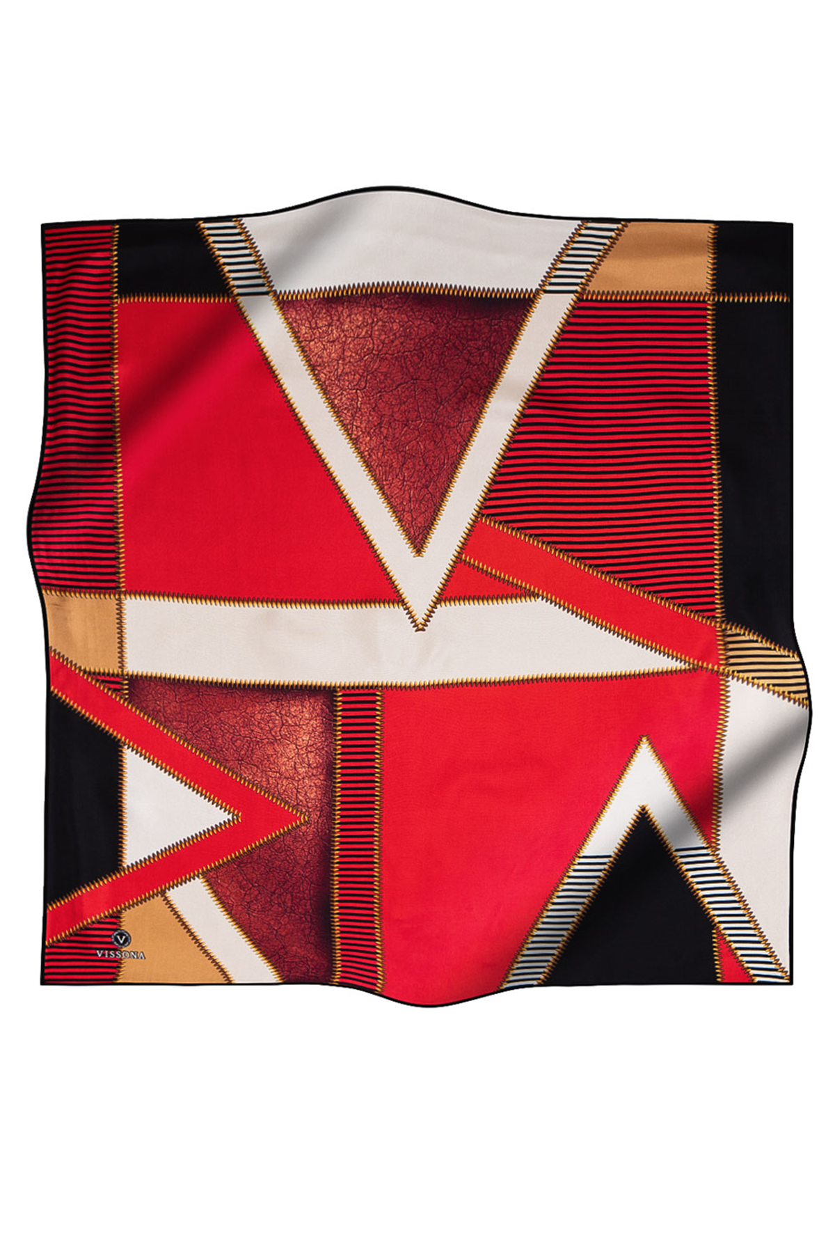 % 57 İPEK % 43 VİSKON Twill İpek Geometrik Desenli Kırmızı - Siyah Renkli 90x90 Eşarp Dikim Şekli : El Dikişi