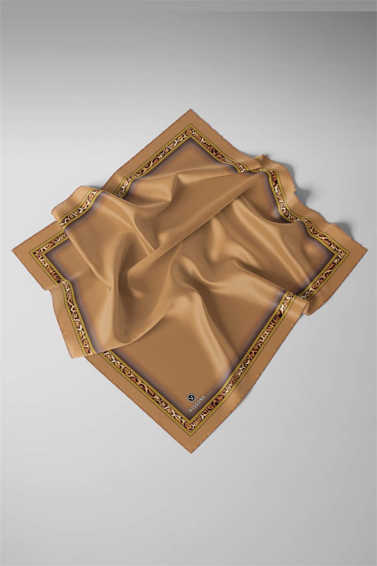 %100 Twill İpek Bordürü Leoparlı Düz Desenli Gold - Gold Renkli 90x90 Eşarp Dikim Şekli : El Dikişi