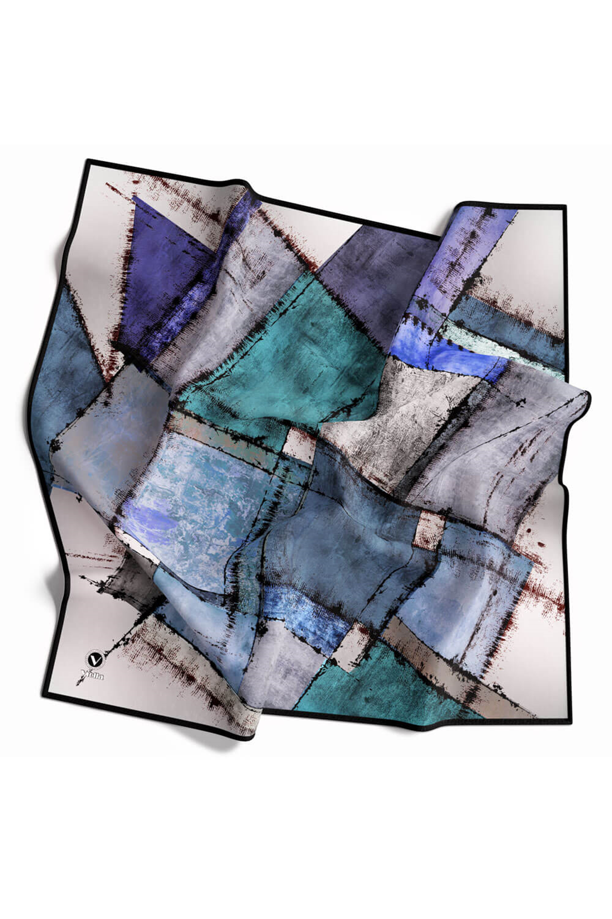 Twil Yamalı Ve Geometrik Desenli Saks Renkli 90x90 Eşarp (İpek İçermez) Dikim Şekli : El Dikişi