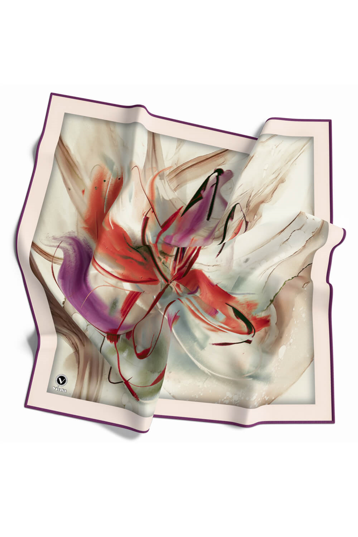 Twill Çiçek Tablo Desenli Mürdüm Renkli 90x90 Eşarp (İpek İçermez) Kenar Dikiş Şekli El Dikişli