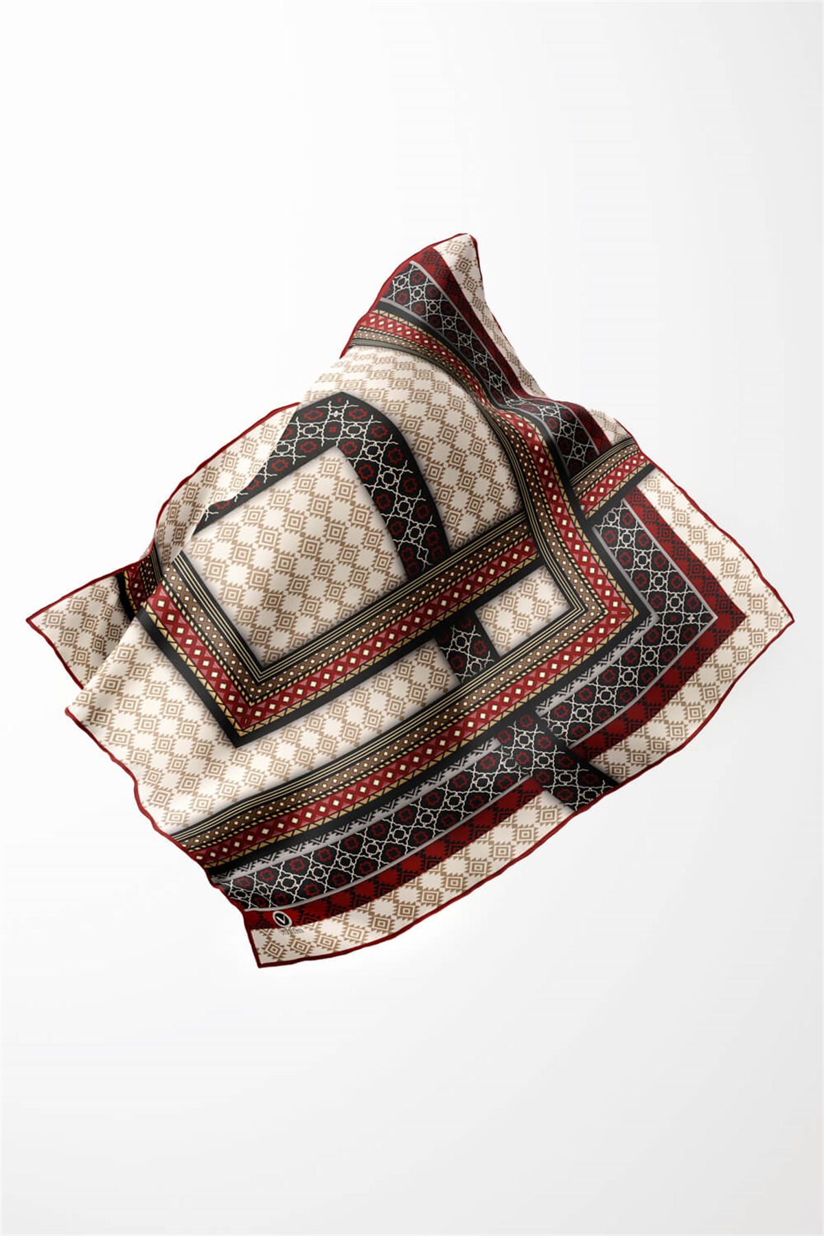 Twill Etnik Desenli Bordo Renkli 90x90 Eşarp (İpek İçermez) Kenar Dikiş Şekli El Dikişli