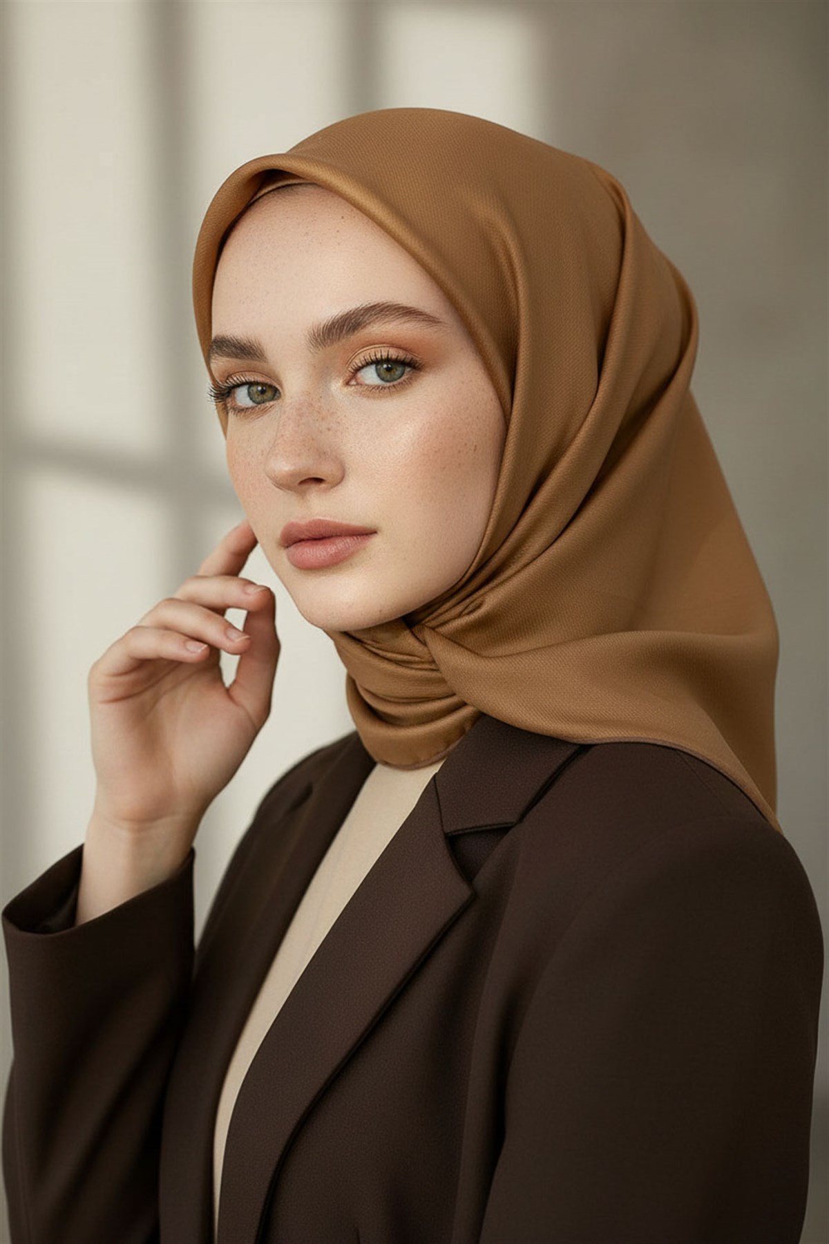 %100 Twill İpek Düz Camel Renkli Daha Tok Exclusive Serisi 90x90 Eşarp Dikim Şekli : El Dikişi