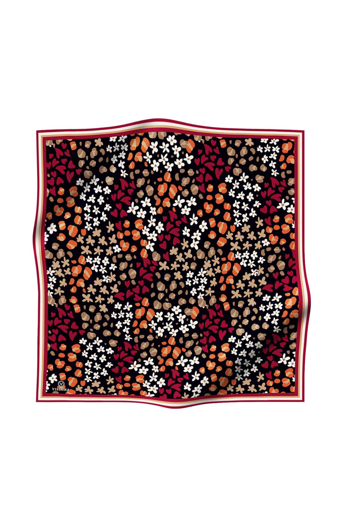 %100 Twill İpek Kalpli Leopar Desenli Siyah - Bordo Renkli 90x90 Eşarp Dikim Şekli : El Dikişi