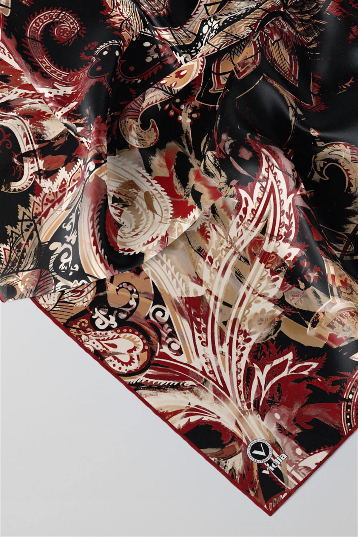 Twill Şal Desenli Bordo Renkli 90x90 Eşarp (İpek İçermez) Kenar Dikiş Şekli El Dikişli