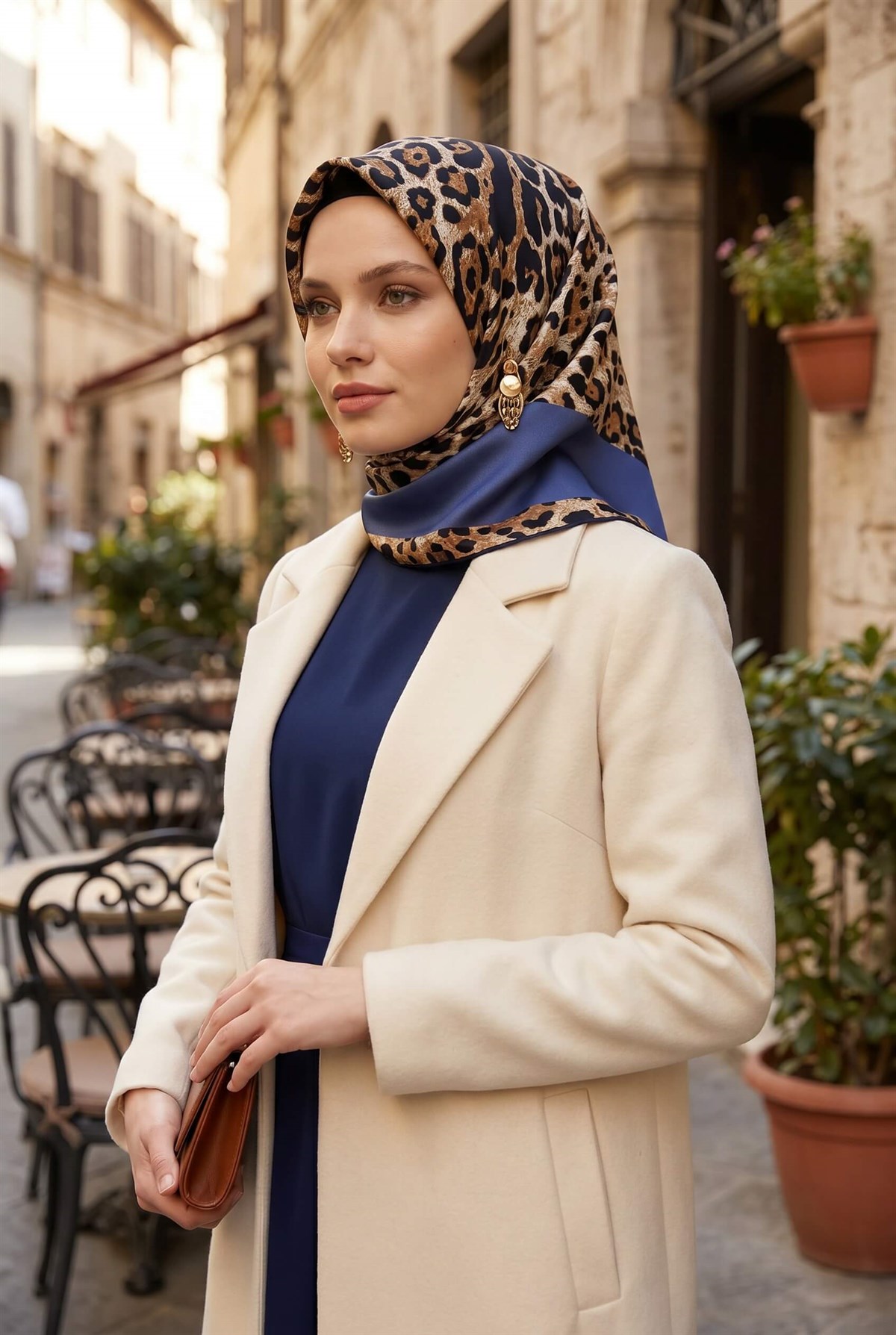 %100 Twill İpek Leopar Desenli İndigo Renkli 90x90 Eşarp Dikim Şekli : El Dikişi