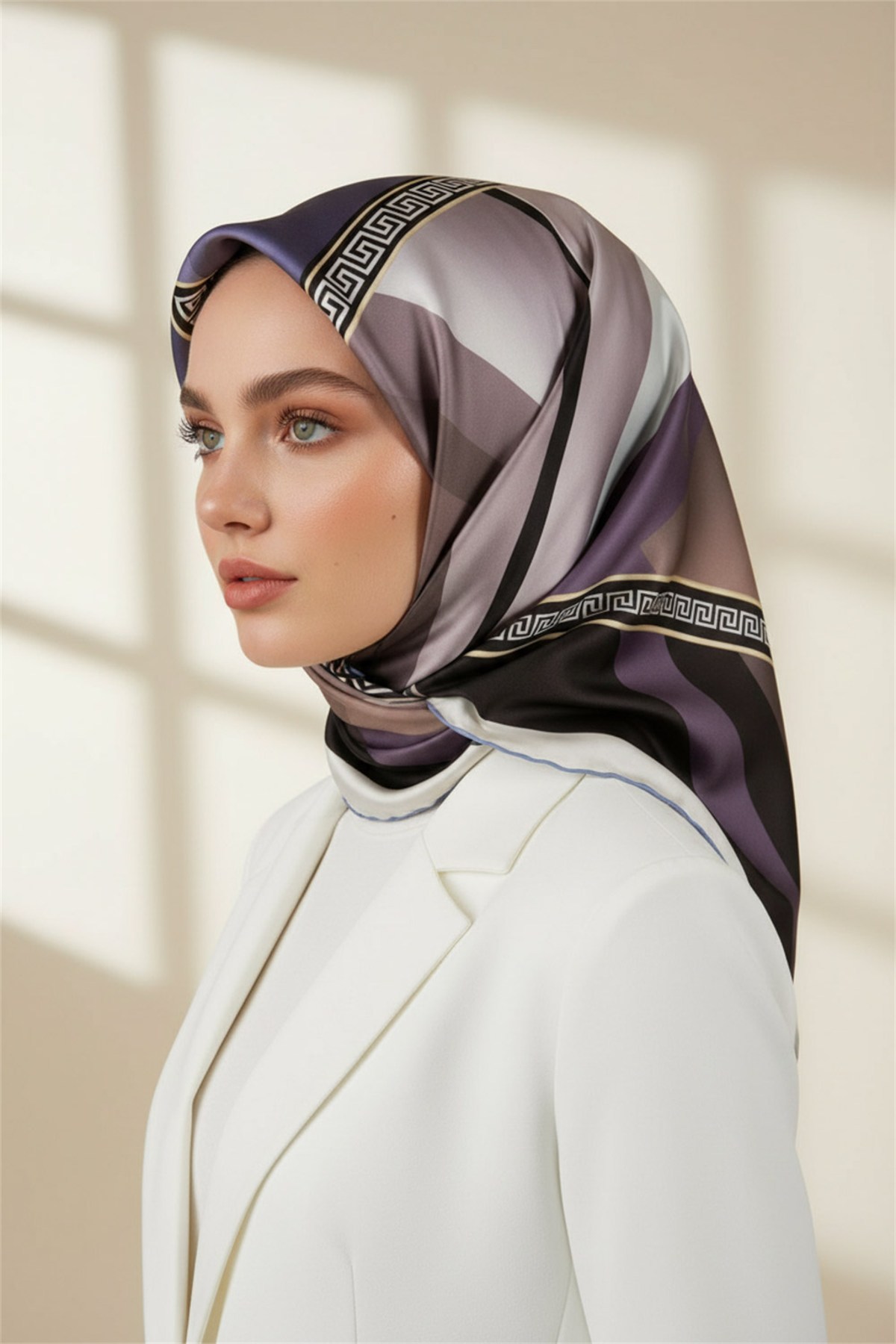 Kristal Geometrik Desenli Bej - İndigo Renkli 90x90 Dikim Şekli : El Dikişi Eşarp (İpek İçermez)