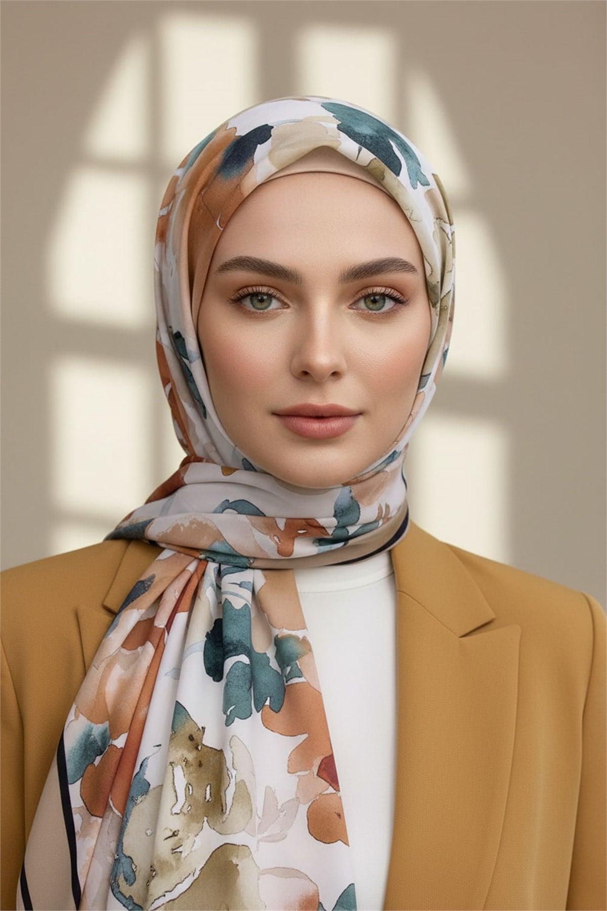 KREP ÇİÇEK DESENLİ BEJ - TABA RENKLİ 75X195 KIRIŞMAZ ŞAL