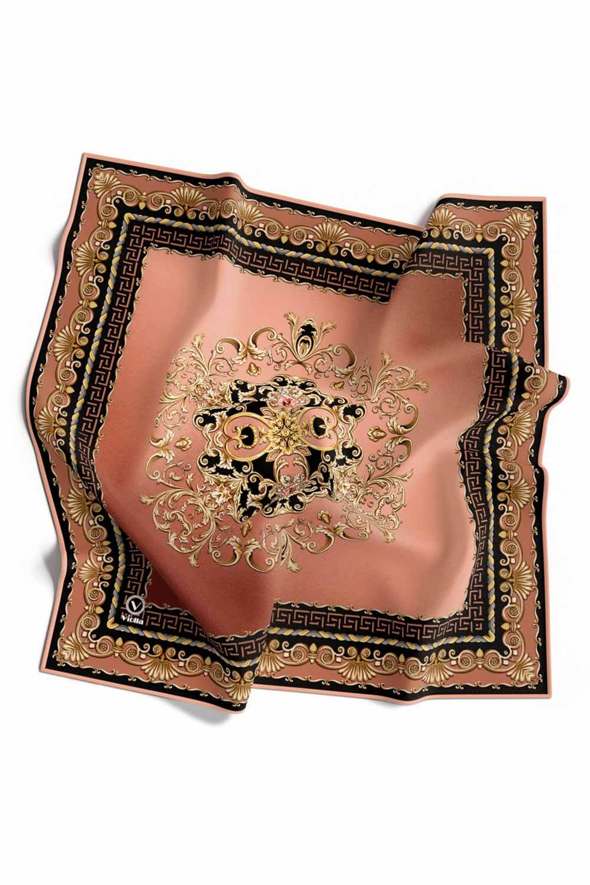Twill Barok Desenli Taba Renkli 90x90 Eşarp (İpek İçermez) Dikim Şekli : El Dikişi
