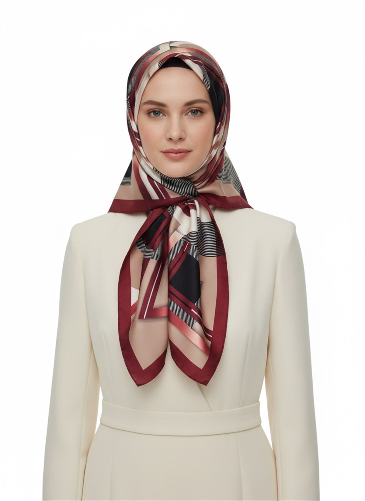 %100 Twill İpek Zebra Desenli Bej - Bordo Renkli 90x90 Eşarp Dikim Şekli : El Dikişi