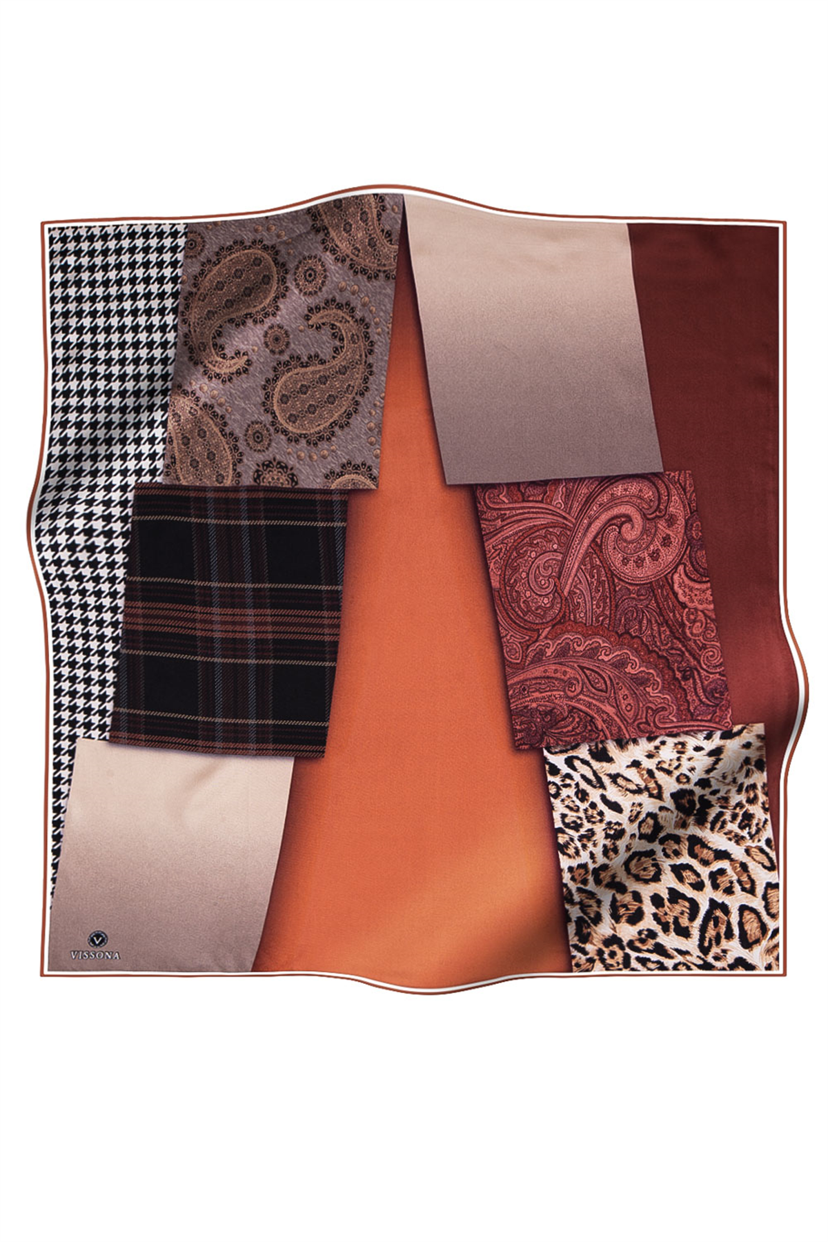 % 57 İPEK % 43 VİSKON Twill İpek Kazayaklı Ekoseli Leoparlı Ve Şal Desenli Taba - Bej Renkli 90x90 Eşarp Dikim Şekli : El Dikişi