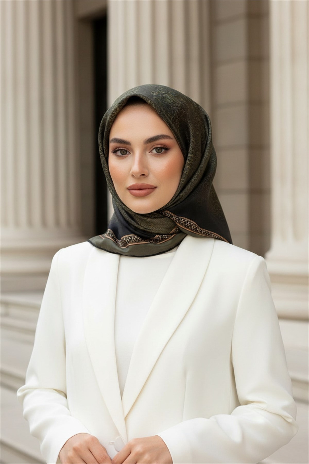 % 57 İPEK % 43 VİSKON Twill Barok Desenli Haki Yeşili Renkli 90x90 Eşarp Dikim Şekli: El Dikişi