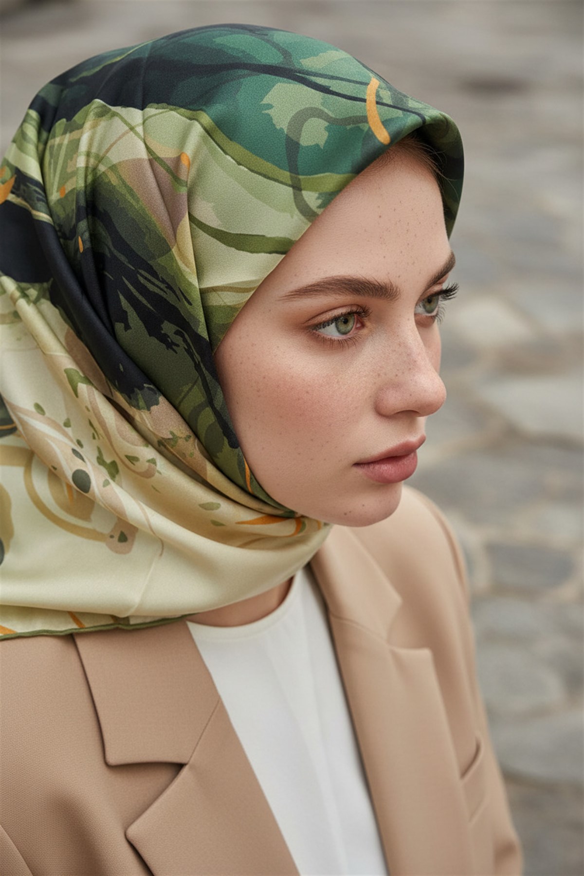%100 Twill İpek Çiçekli Sulu Boya Dalga Desenli Haki Yeşili - Zümrüt Yeşili  Renkli 90x90 Eşarp Dikim Şekli : El Dikişi