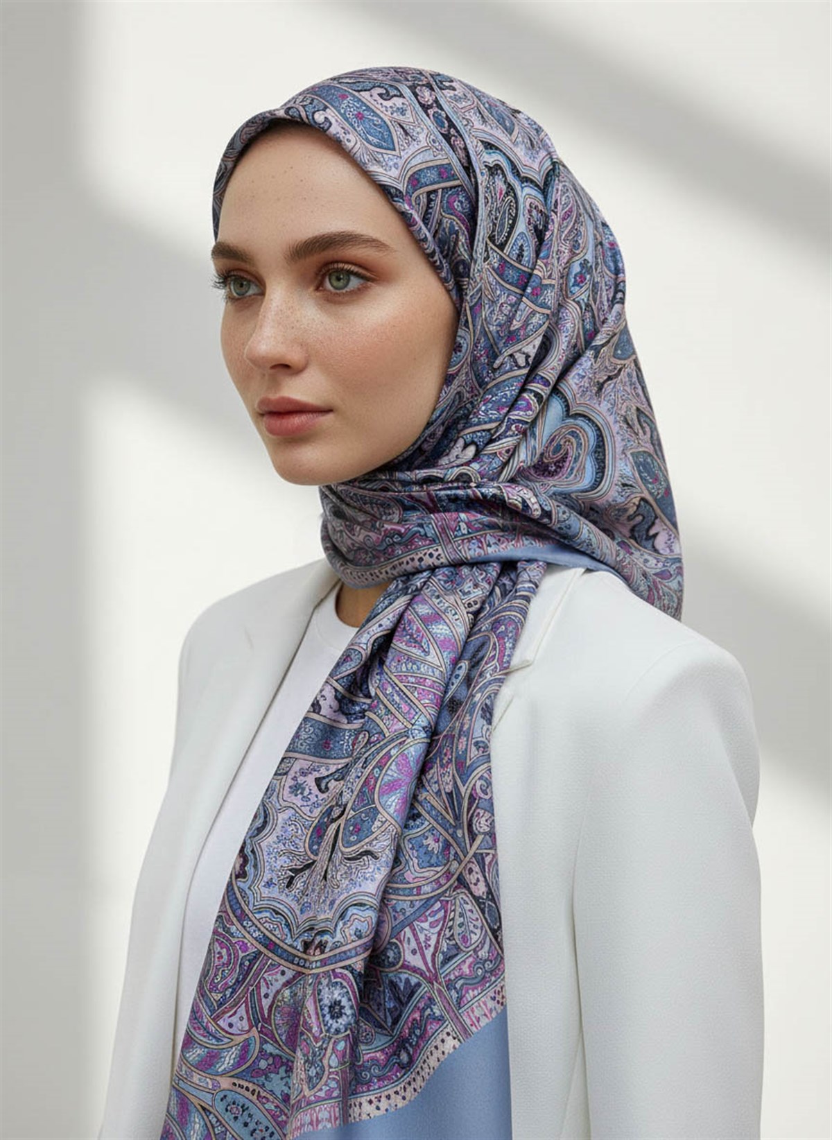 %100 Saf İpek Şal İnce Saten Vual Dokuma Etnik Desenli İndigo Renkli 90x210 Şal