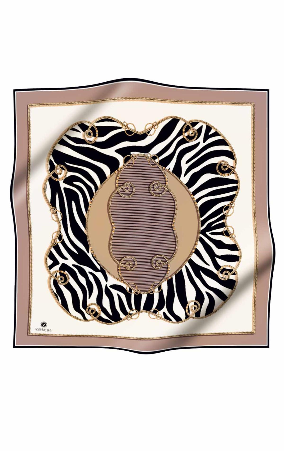 %100 Twill İpek Zincirli Ve Zebra Desenli Pudra - Bej Renkli 90x90 Eşarp Dikim Şekli : El Dikişi