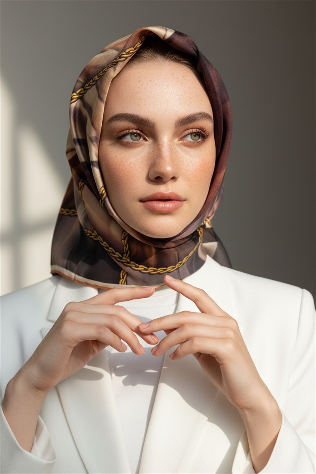 % 57 İPEK % 43 VİSKON Twill İpek Çiçek  Geometrik Desenli Taba Renkli 90x90 Eşarp Dikim Şekli : El Dikişi