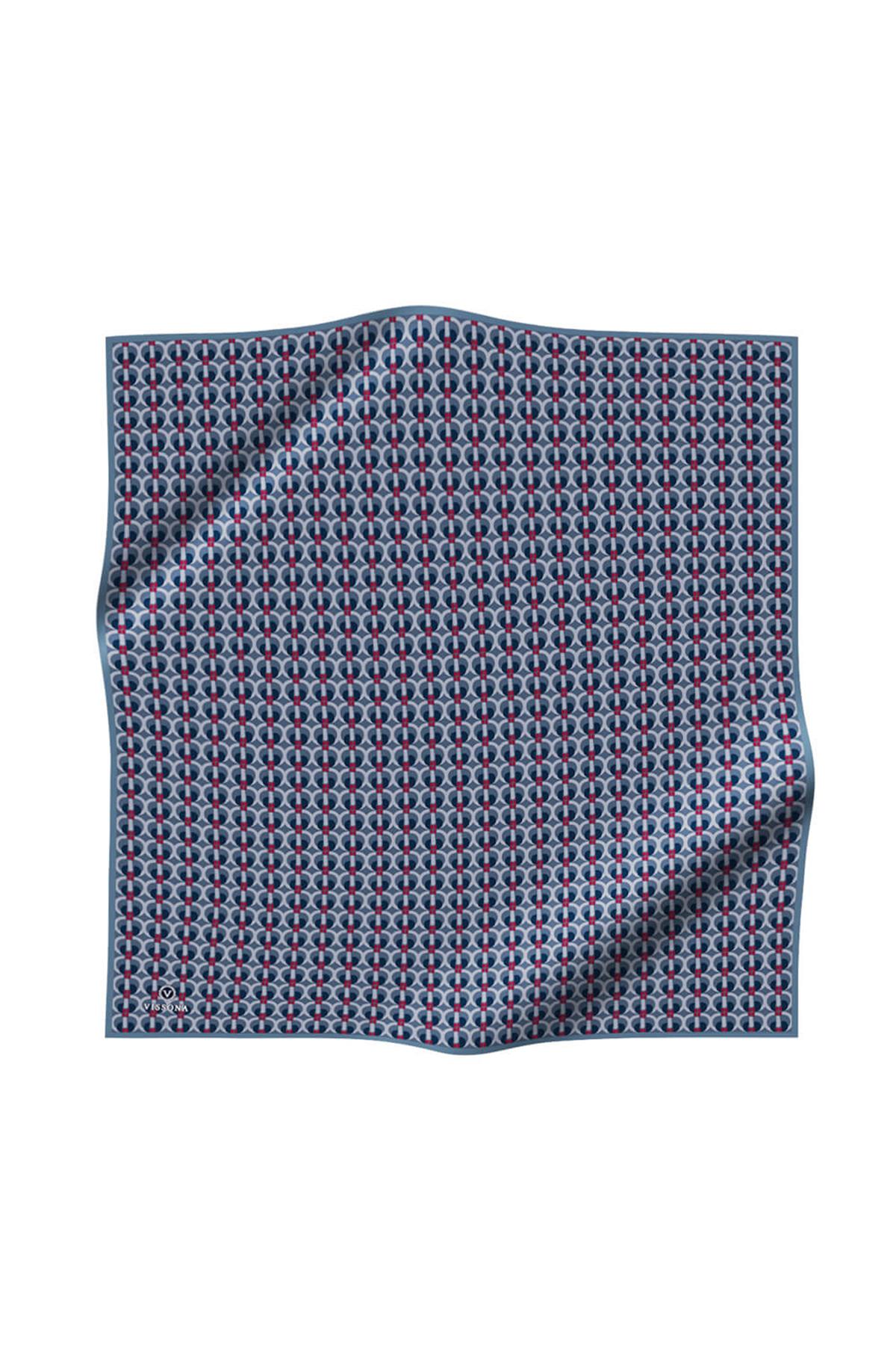 %100 Twill İpek Geometrik Desenli İndigo - Bordo Renkli 90x90 Eşarp Dikim Şekli : El Dikişi