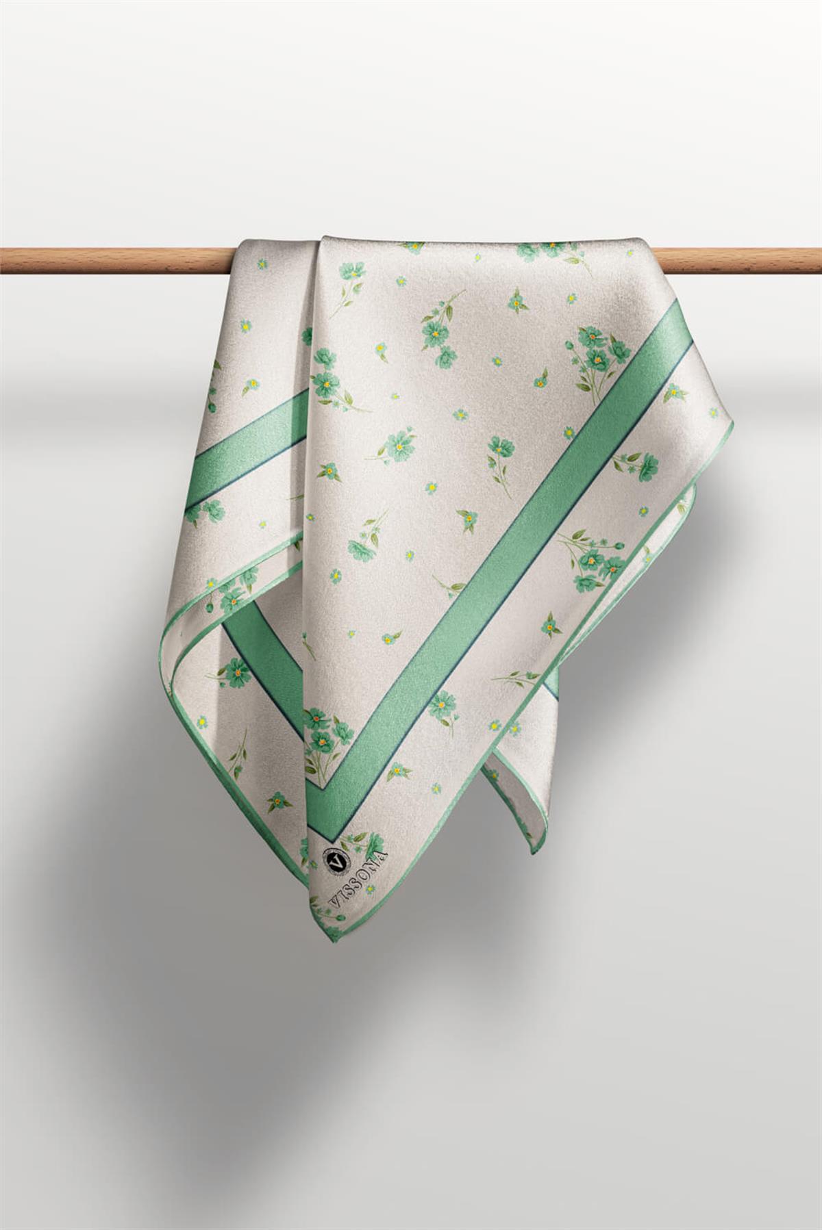 100% Twill İpek Bordürlü Çıtır Çiçek Desenli Benetton Yeşili Renkli 90x90 Dikim Şekli : El Dikişi Eşarp