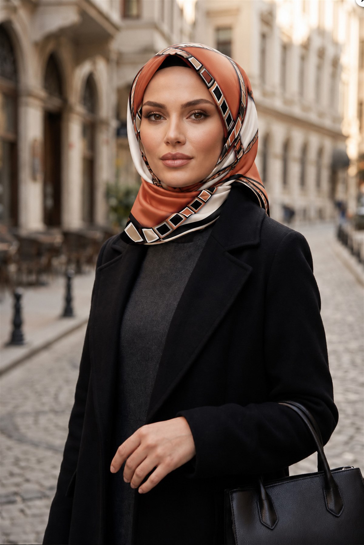 %100 Twill İpek Geometrik Desenli Taba - Krem Renkli 90x90 Eşarp Dikim Şekli : El Dikişi