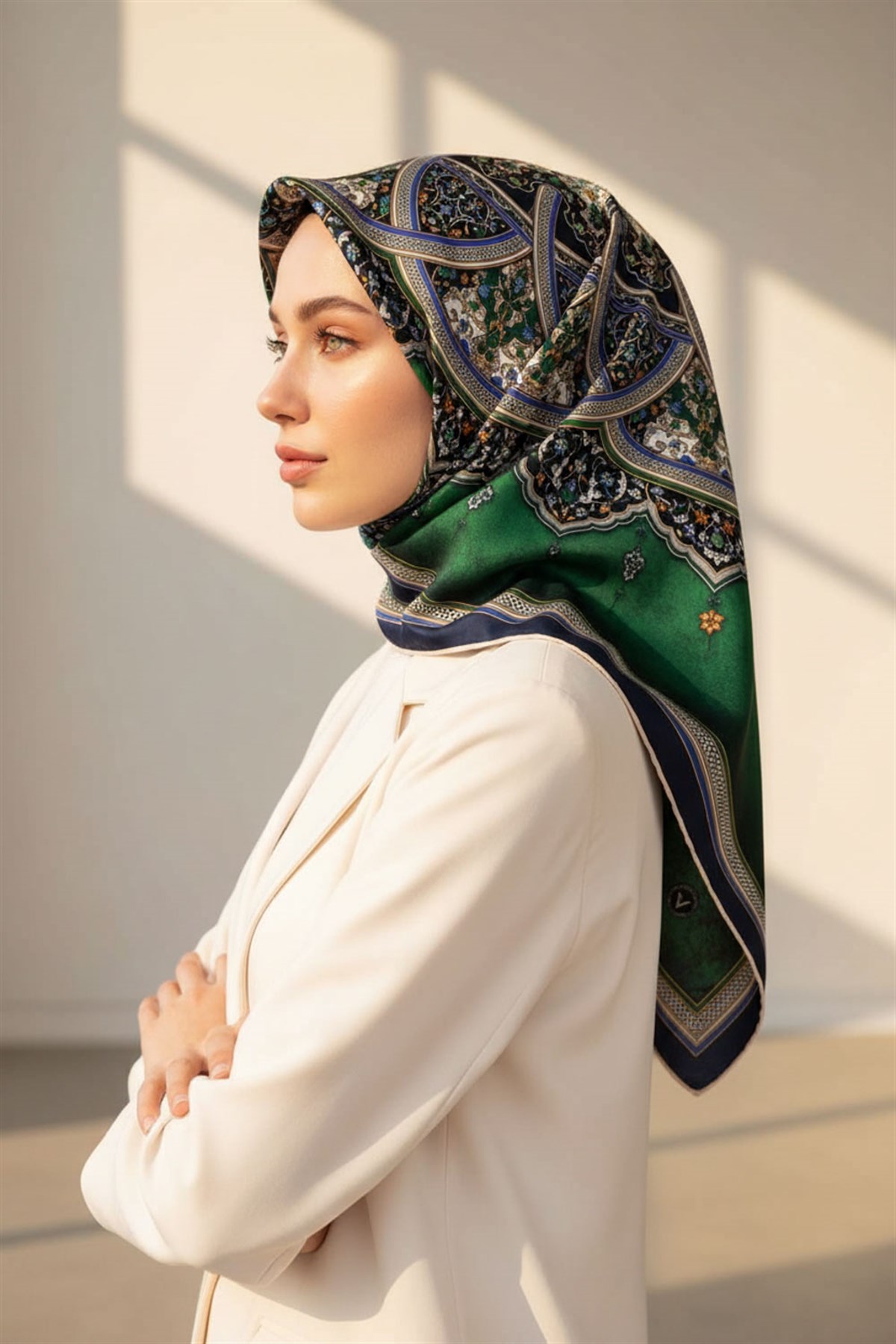 %100 Twill İpek Şal Desenli Zümrüt Yeşili - İndigo Renkli 90x90 Eşarp Dikim Şekli : El Dikişi