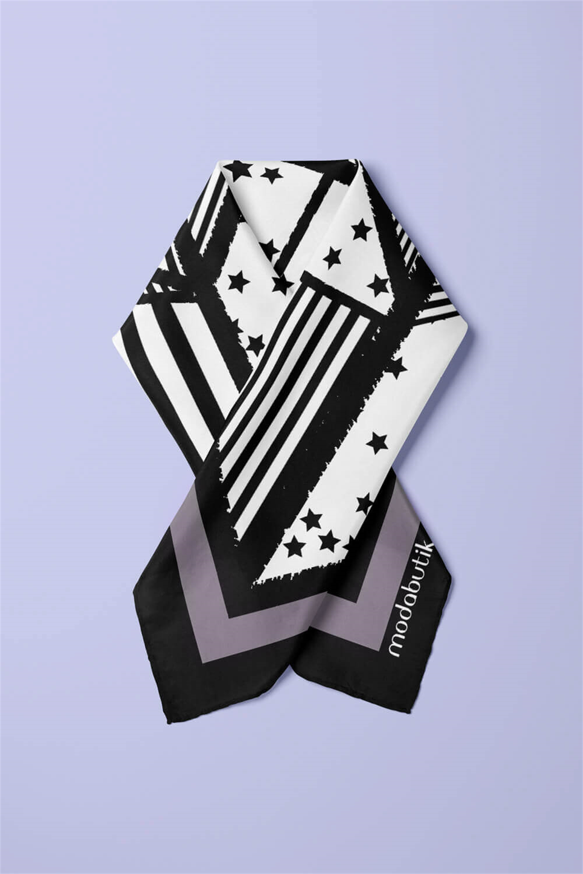 Kadın Sİyah Beyaz Square Star Desenli 50x50 Bandana