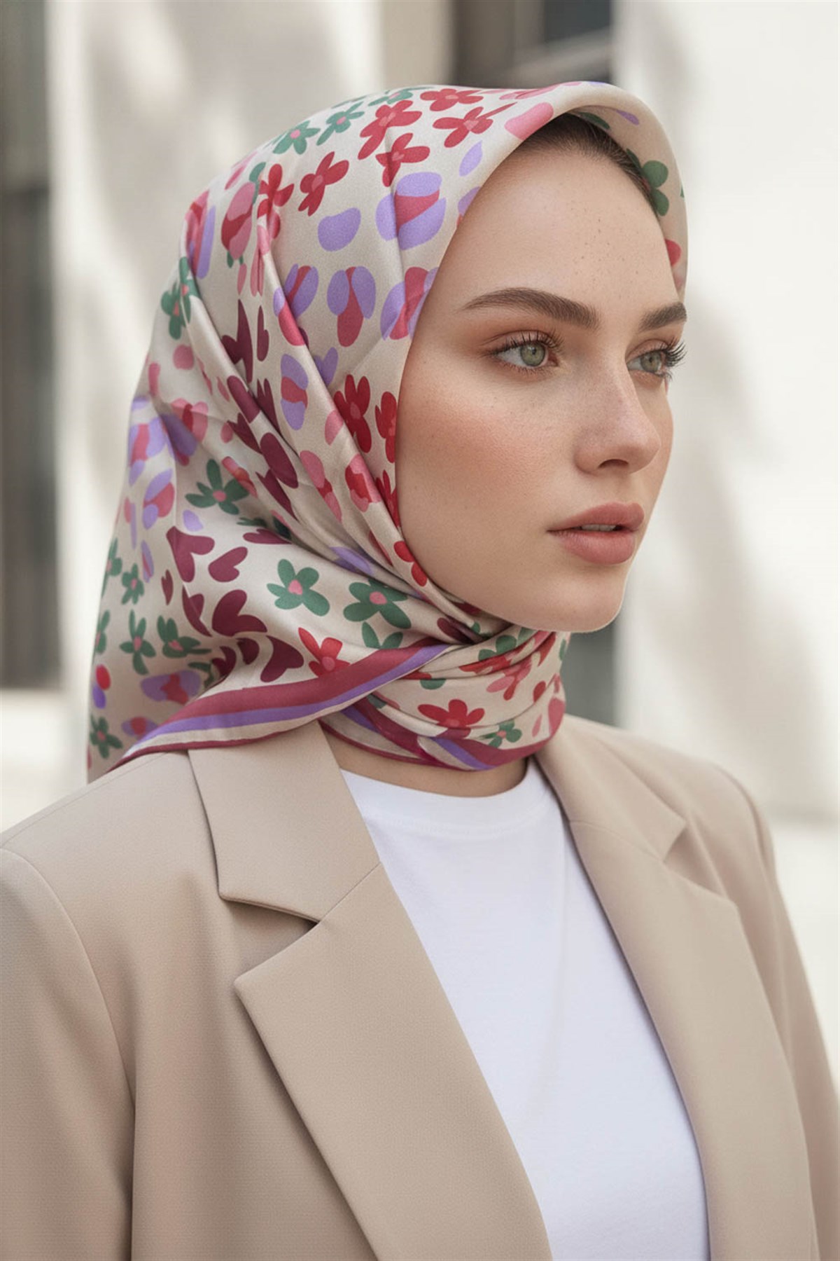 %100 Twill İpek Kalpli Leopar Desenli Gül Kurusu - Lila Renkli 90x90 Eşarp Dikim Şekli : El Dikişi