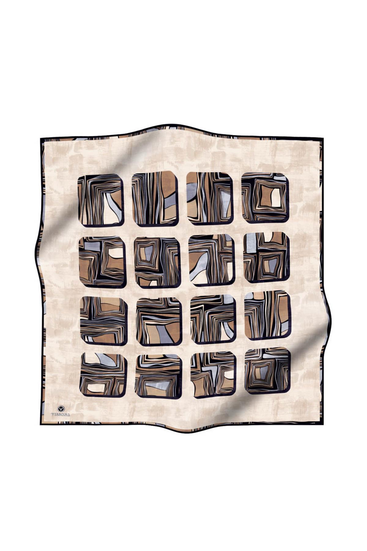 %100 Twill İpek Geometrik Kare Desenli Vizon - Gri Renkli 90x90 Eşarp Dikim Şekli : El Dikişi