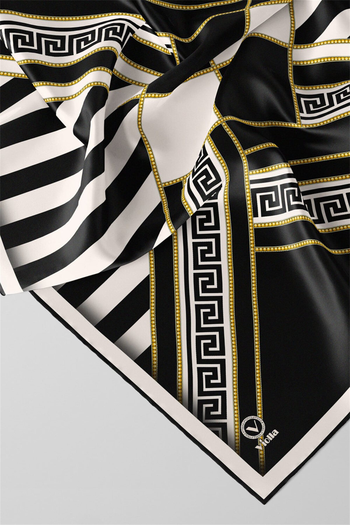 Twill Çizgili Geometrik Desenli Siyah Renkli 90x90 Eşarp (İpek İçermez) Kenar Dikiş Şekli El Dikişli
