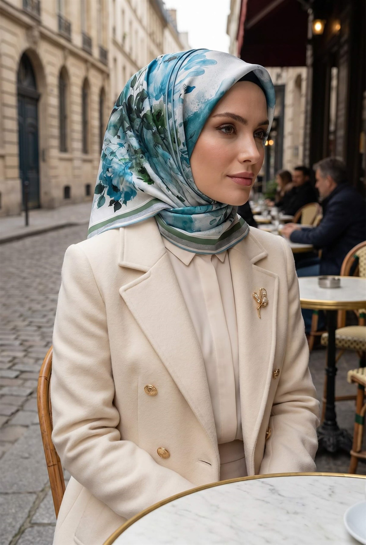 %100 Twill İpek Bahar Çiçekleri Desenli Petrol Yeşili - Haki Renkli 90x90 Eşarp Dikim Şekli : El Dikişi