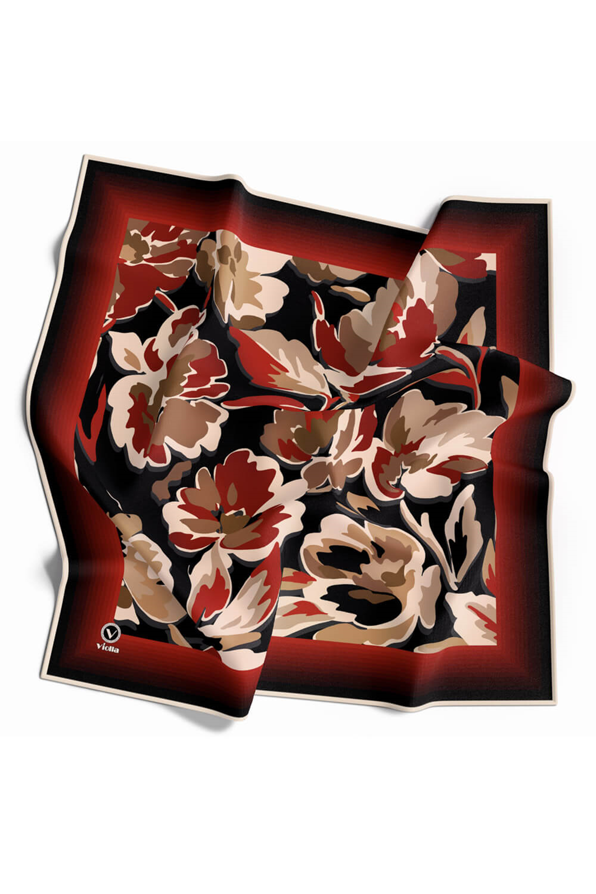 Rayon Büyük Çiçekli Bordo Renkli 90x90 Eşarp (İpek İçermez) Kenar Dikiş Şekli El Dikişli
