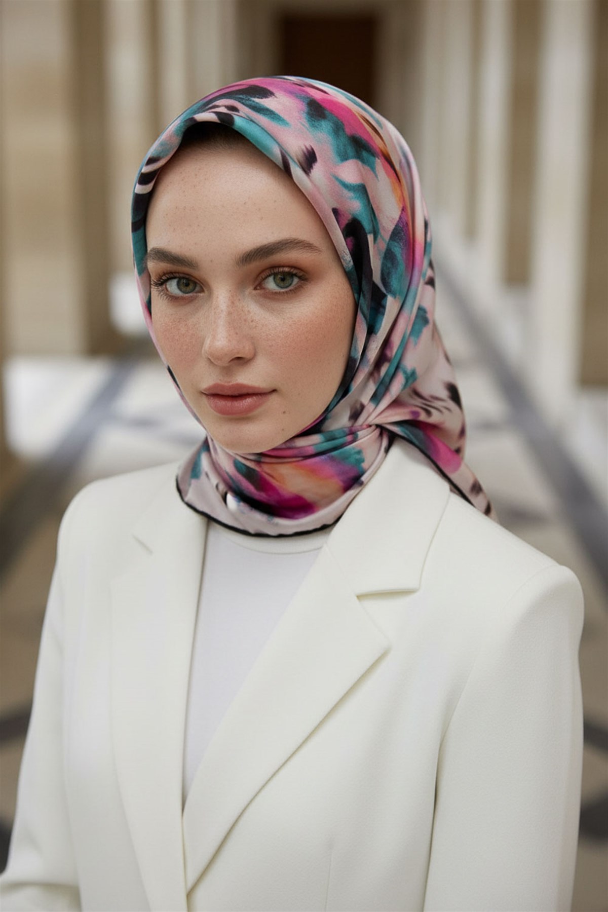 %100 Twill İpek Batik Desenli Fuşya - Petrol Yeşili Renkli 90x90 Eşarp Dikim Şekli : El Dikişi