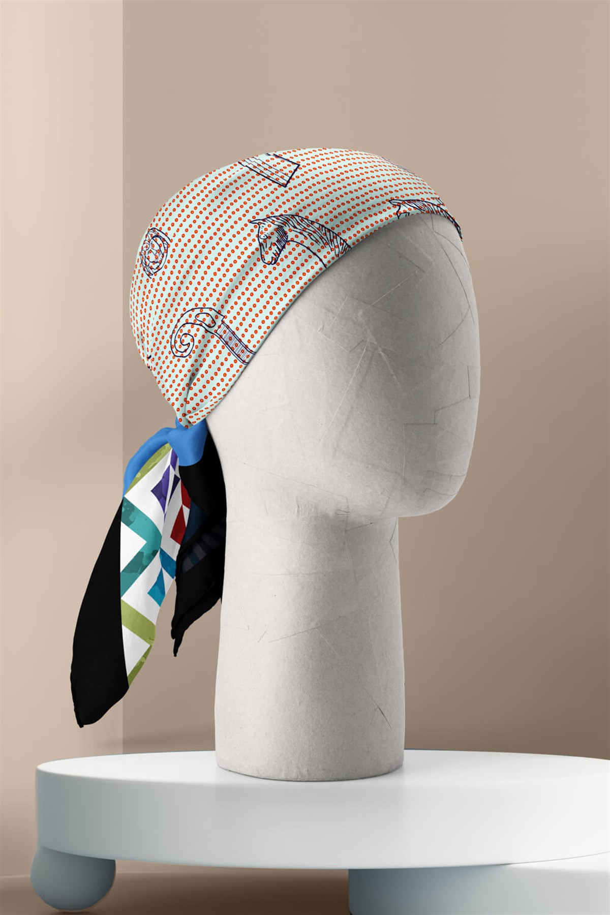 Violla Kadın Krem Mavi Satranç Desenli 50x50 Bandana