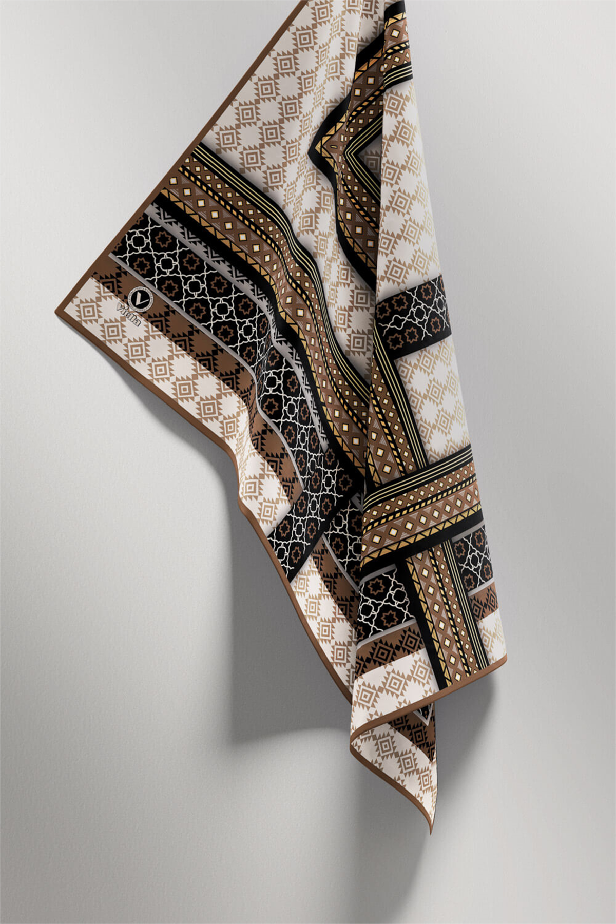 Twill Etnik Desenli Vizon Renkli 90x90 Eşarp (İpek İçermez) Kenar Dikiş Şekli El Dikişli