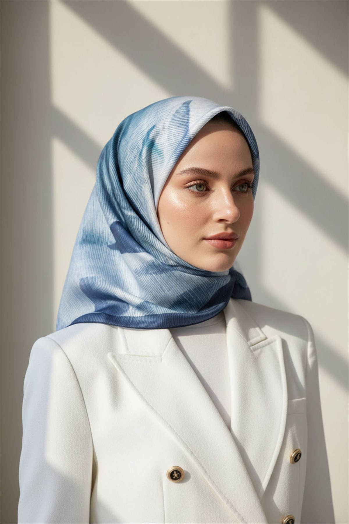 %100 Twill İpek Yaprak Desenli İndigo - Petrol Yeşili Renkli 90x90 Eşarp Dikim Şekli : El Dikişi