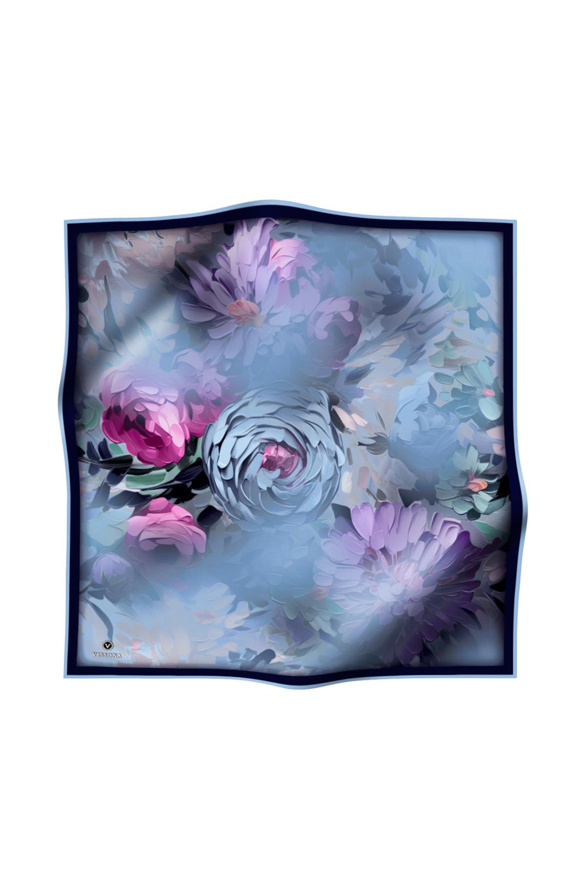 %100 Twill İpek Dumanlı Çiçek Desenli İndigo - Lacivert Renkli 90x90 Eşarp Kenar Dikiş Şekli El Dikişli