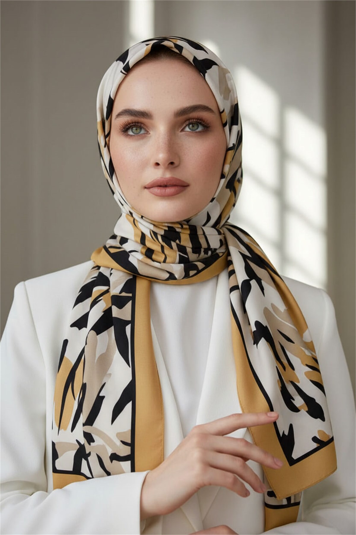 KREP YAPRAK DESENLİ HARDAL RENKLİ 75X195 KIRIŞMAZ ŞAL