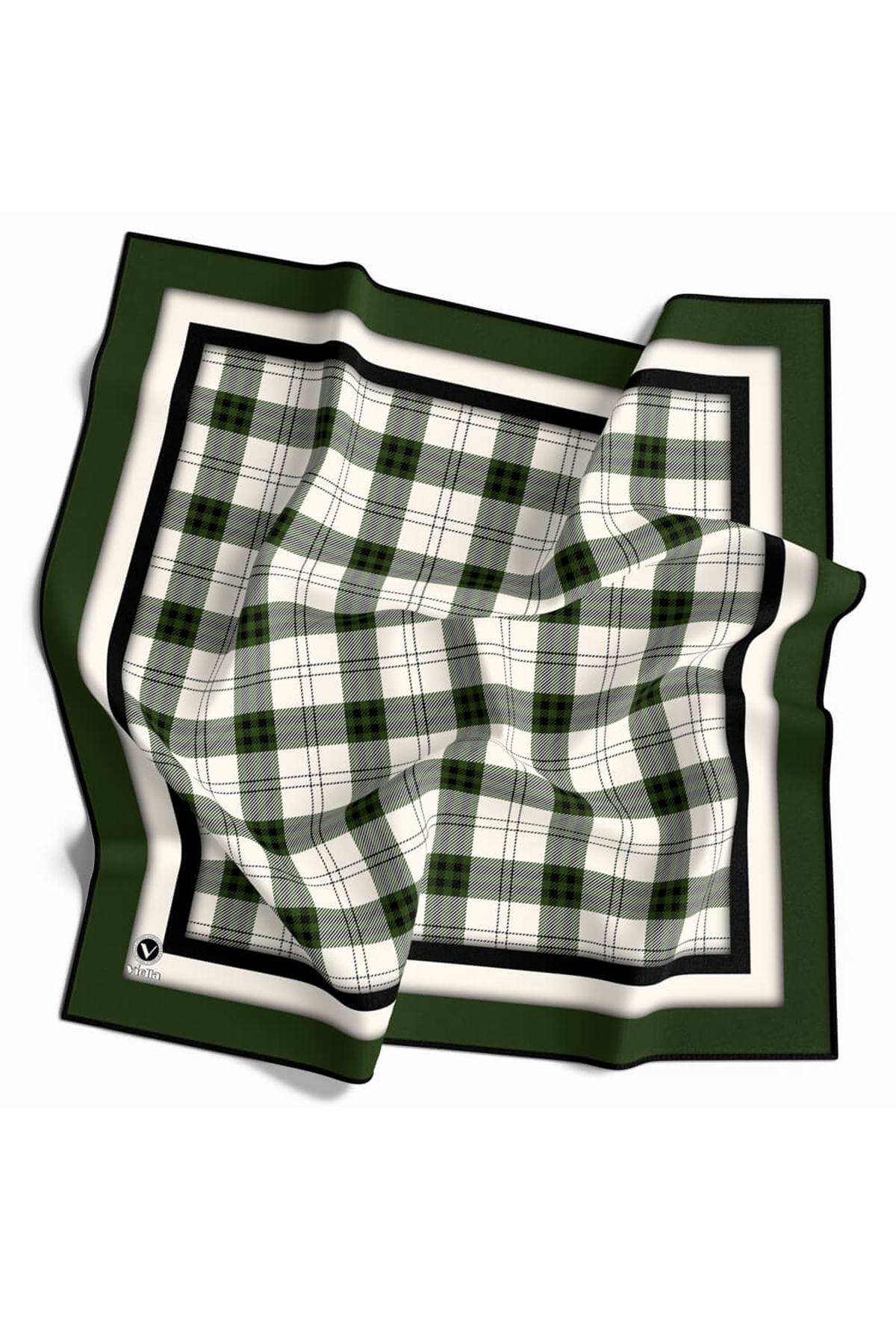 Twill Ekose Desenli Zümrüt Yeşili Renkli 90x90 Eşarp (İpek İçermez) Kenar Dikiş Şekli El Dikişli