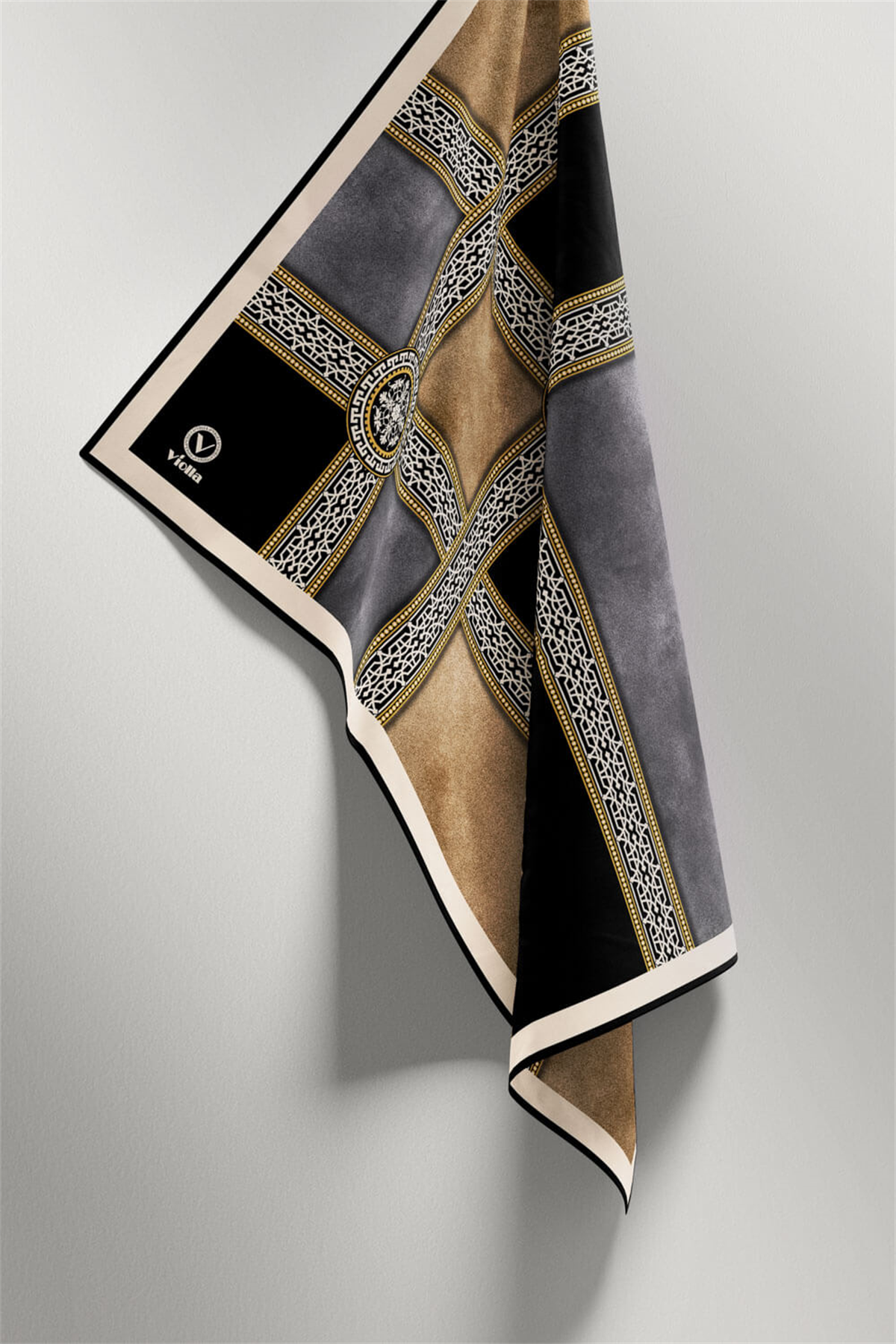 Twill Geometrik Desenli Gri Renkli 90x90 Eşarp (İpek İçermez) Kenar Dikiş Şekli El Dikişli