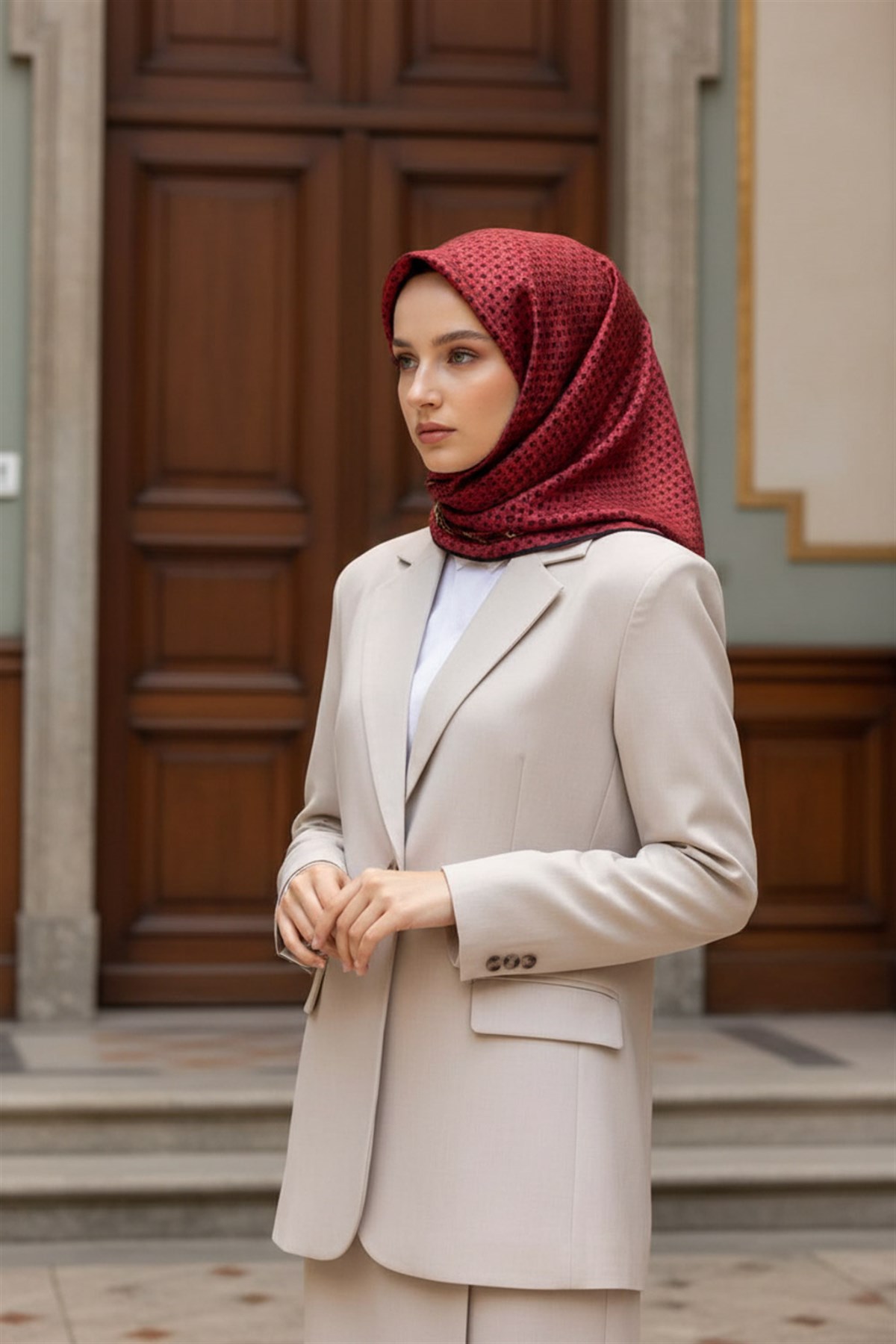 %57 İPEK %43 VİSKON Twill İpek Zincir Desenli Bordo - Siyah Renkli 90x90 Eşarp Dikim Şekli : El Dikişi