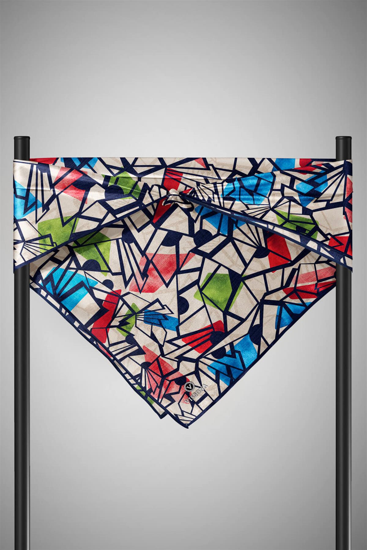 %100 Twill Renkli Petek Desenli Kırmızı - Saks Renkli 90x90 Eşarp Dikim Şekli: El Dikişii