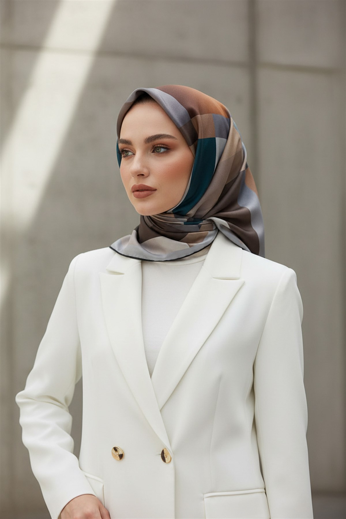 %57 İPEK % 43 VİSKON Twill İpek Geometrik Desenli Petrol Mavisi - Gri Renkli 90x90 Eşarp Dikim Şekli : El Dikişi