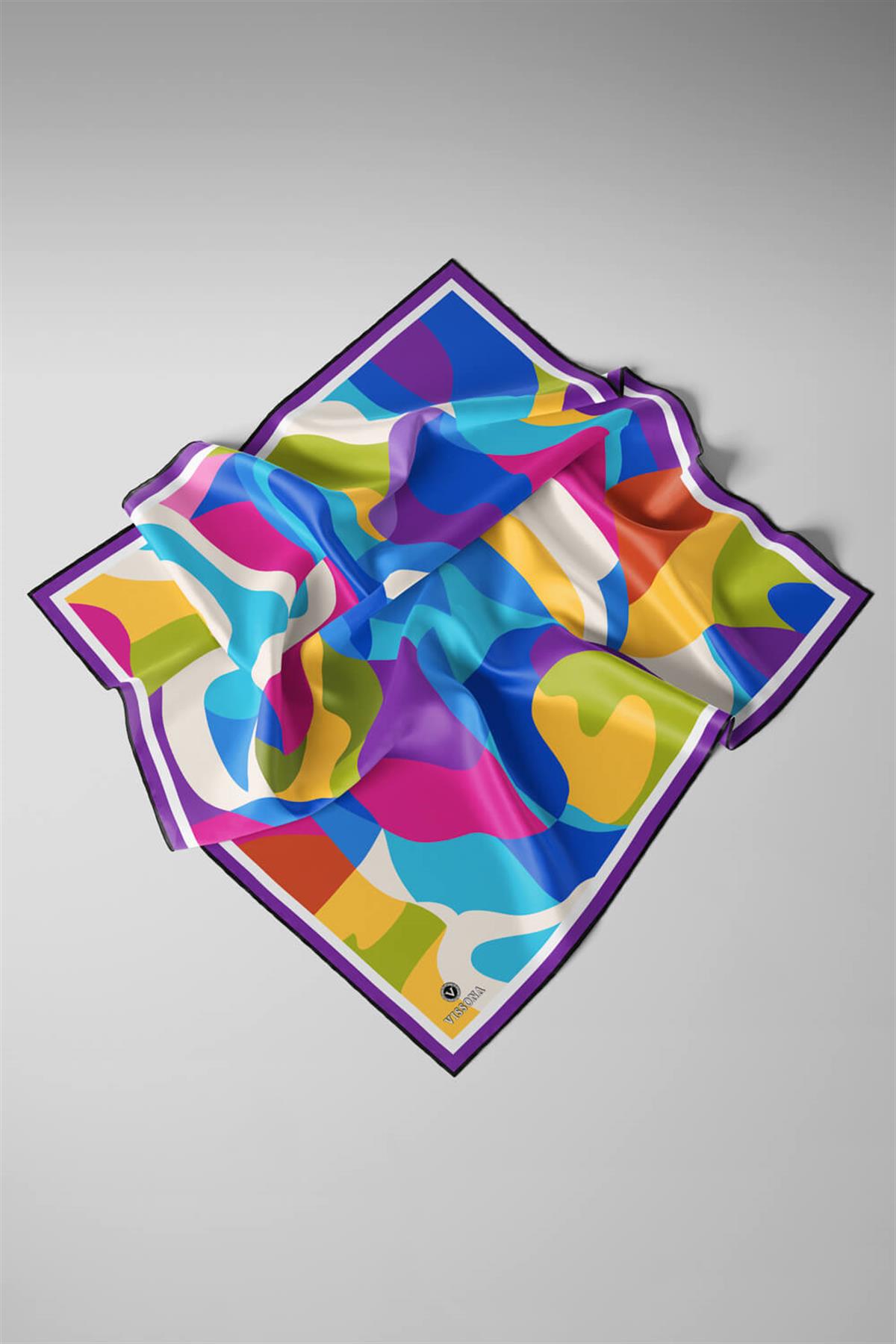 %100 Twill İpek Geometrik Desenli Mor - Saks Renkli 90x90 Eşarp Dikim Şekli : El Dikişi