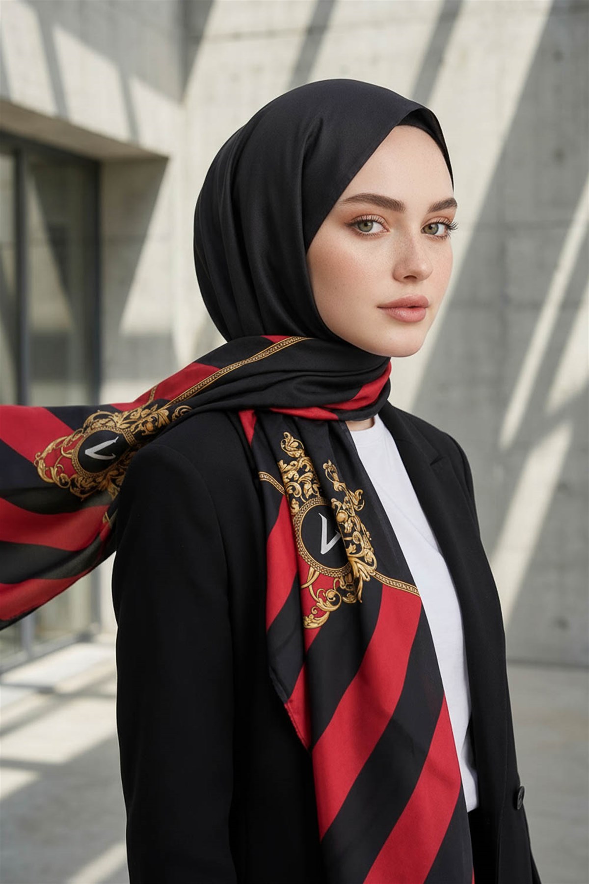 %100 Saf İpek Şal İnce Saten Vual Dokuma Şeritli Ve Varak Desenli Siyah - Kırmızı Renkli 90x210 Şal