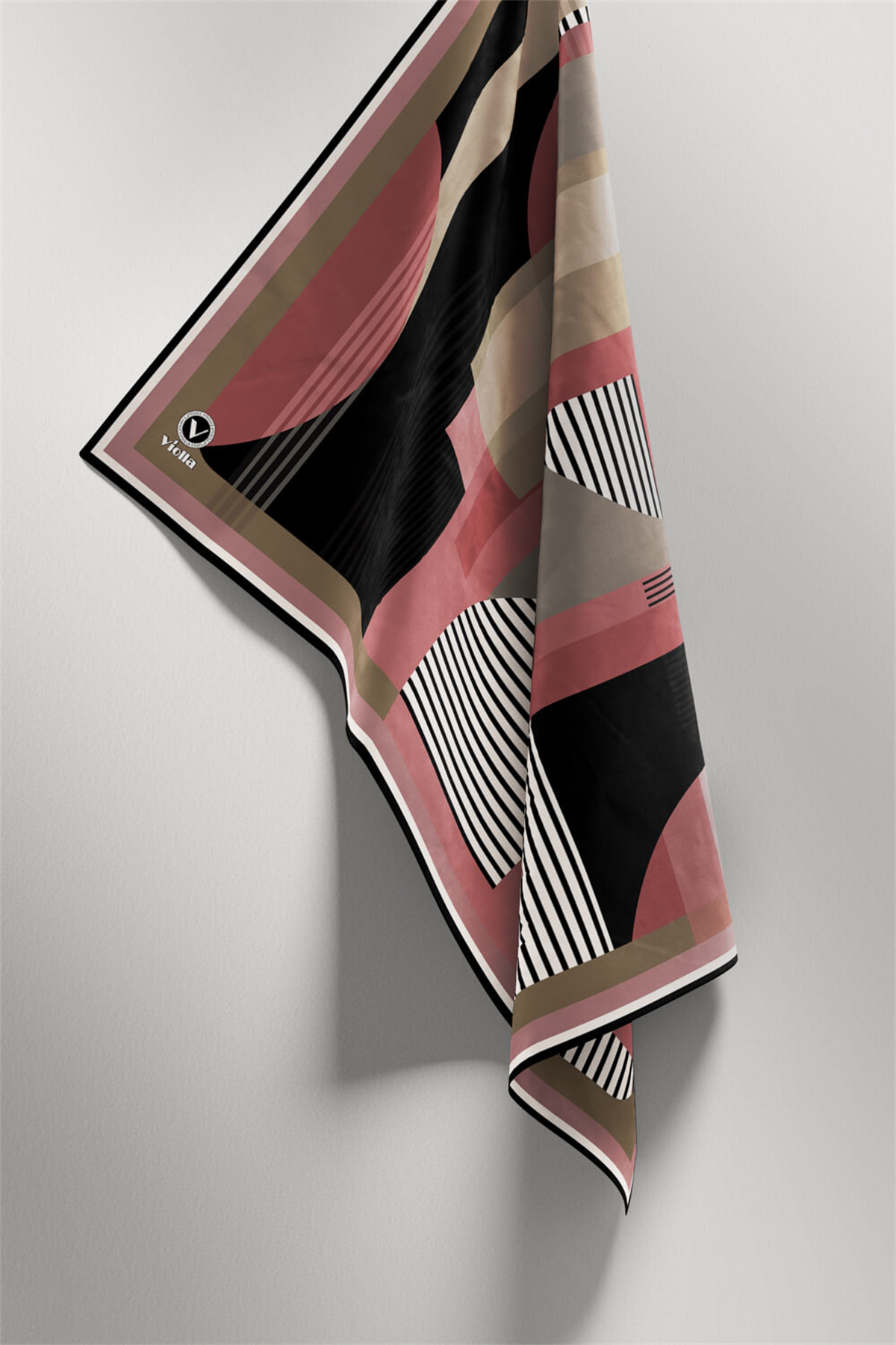 Twill Çizgili Ve Geometrik Desenli Pudra Renkli 90x90 Eşarp (İpek İçermez) Kenar Dikiş Şekli El Dikişli