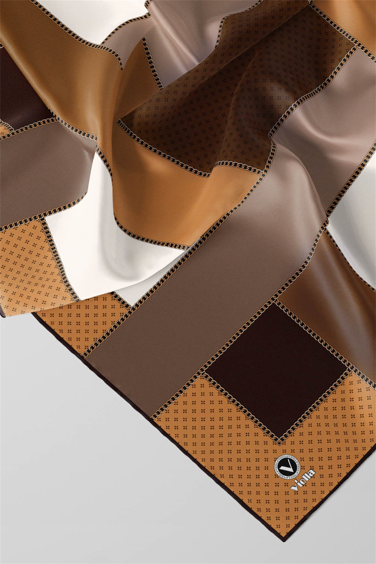 Twill Geometrik Desenli Kahverengi - Hardal Renkli 90x90 Eşarp (İpek İçermez) Kenar Dikiş Şekli El Dikişli
