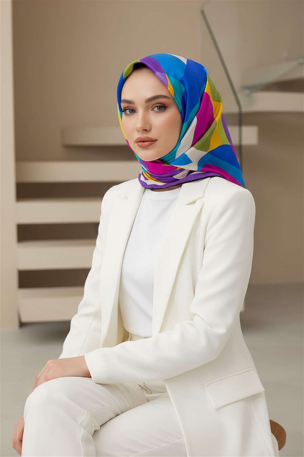 %100 Twill İpek Geometrik Desenli Mor - Saks Renkli 90x90 Eşarp Dikim Şekli : El Dikişi