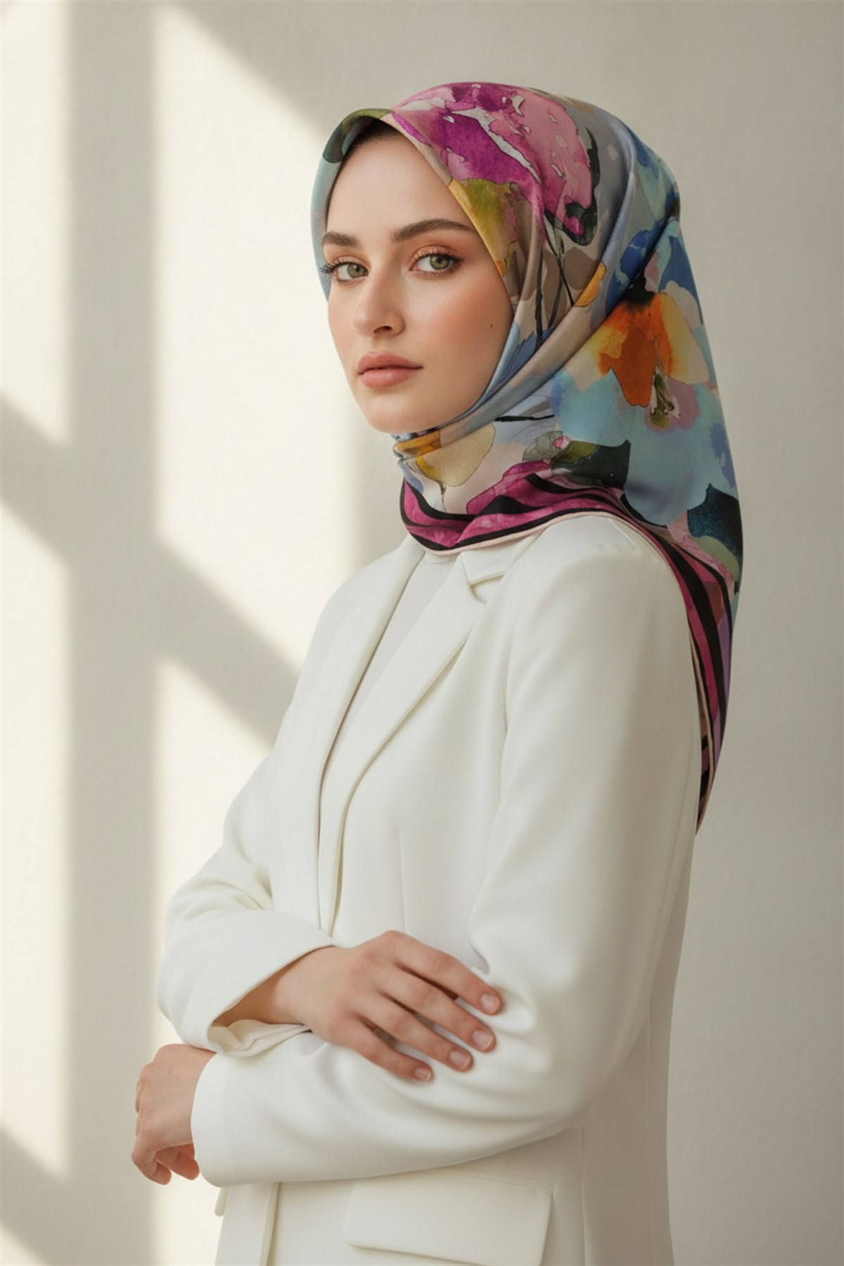 % 57 İPEK % 43 VİSKON Twill İpek Sulu Boyalı Çiçek Desenli Pembe - Bebe Mavisi Renkli 90x90 Eşarp Dikim Şekli : El Dikişi
