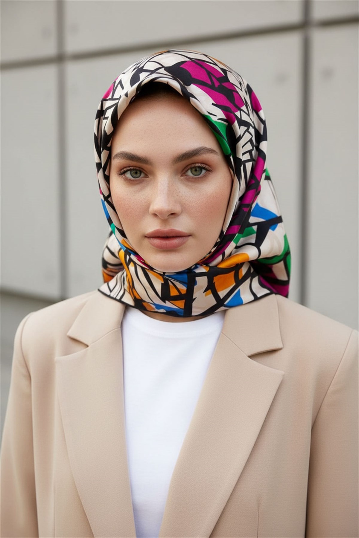 %100 Twill Renkli Petek Desenli Fuşya - Benetton Yeşili Renkli 90x90 Eşarp Dikim Şekli: El Dikişii
