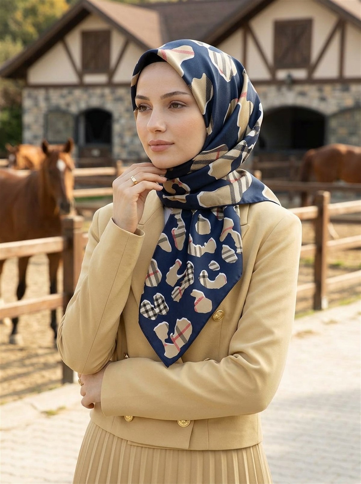 %100 Twill İpek Leopar Desenli Lacivert - Bej Renkli 90x90 Eşarp Dikim Şekli : El Dikişi